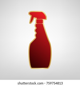 Plastic bottle for cleaning. Vector. Red icon on gold sticker at light gray background.