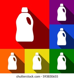 Plastic bottle for cleaning. Vector. Set of icons with flat shadows at red, orange, yellow, green, blue and violet background.