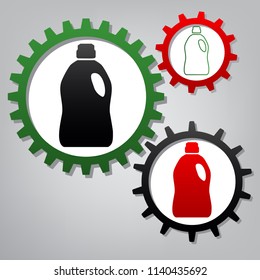 Plastic bottle for cleaning. Vector. Three connected gears with icons at grayish background.