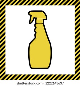 Plastic bottle for cleaning. Vector. Warm yellow icon with black contour in frame named as under construction at white background. Isolated.