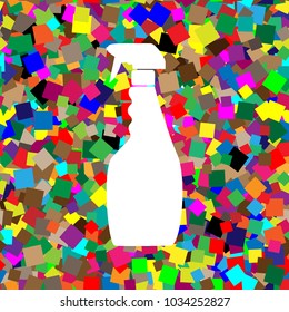 Plastic bottle for cleaning. Vector. White icon on colorful background with seamless pattern from squares.