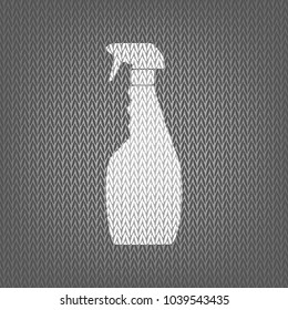 Plastic bottle for cleaning. Vector. White knitted icon on gray knitted background. Isolated.