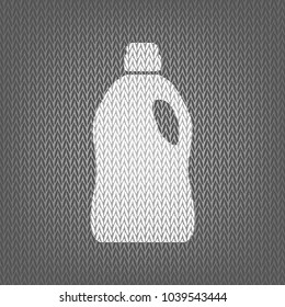 Plastic bottle for cleaning. Vector. White knitted icon on gray knitted background. Isolated.