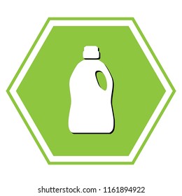 Plastic bottle for cleaning. Vector. White icon with black shadow at yellow green honeycomb on white background.