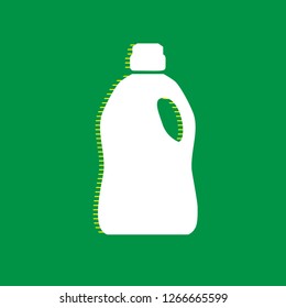 Plastic bottle for cleaning. Vector. White flat icon with yellow striped shadow at green background.