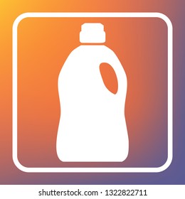 Plastic bottle for cleaning. Vector. White icon on transparent button at orange-violet gradient background.