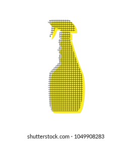 Plastic bottle for cleaning. Vector. Yellow icon with square pattern duplicate at white background. Isolated.