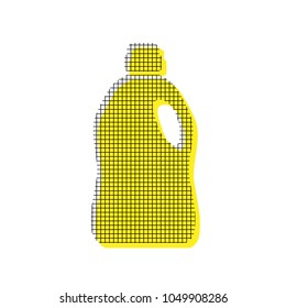 Plastic bottle for cleaning. Vector. Yellow icon with square pattern duplicate at white background. Isolated.