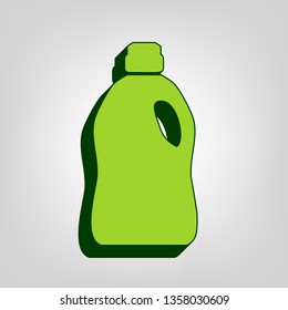 Plastic bottle for cleaning. Vector. Yellow green solid icon with dark green external body at light colored background.