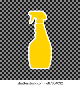 Plastic bottle for cleaning. Vector. Yellow icon with white contour on dark transparent background.
