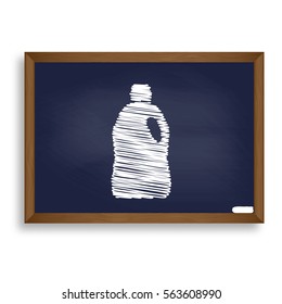Plastic bottle for cleaning. White chalk icon on blue school board with shadow as background. Isolated.