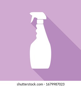 Plastic bottle for cleaning. White Icon with long shadow at purple background. Illustration.
