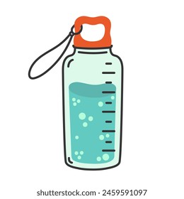 Plastic bottle with cold still water, vector icon. Reusable container with measuring scale, cord, cap. Bottle for cycling, trip, sport. Zero waste, transparent packaging with drink. Hand drawn doodle