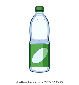 Plastikflasche, die ein klares flüssiges Getränk enthält, mit einer strukturierten grünen Schraubkappe und einer grünen Umhüllung mit einem anpassbaren ovalen Blindetikett, einzeln auf weißem Hintergrund