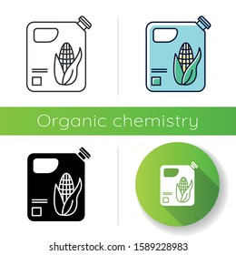 Plastic bottle of corn oil icon. Organic chemistry. Vegetable oil produce. Corn ethanol for biofuel. Gasoline substitute. Flat design, linear, black and color styles. Isolated vector illustrations