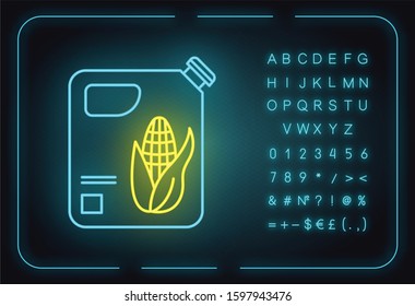 Plastic bottle of corn oil neon light icon. Organic chemistry. Vegetable oil produce. Corn ethanol for biofuel. Gasoline substitute. Glowing sign with alphabet, symbols. Vector isolated illustration