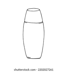 Plastic bottle with cosmetic product linear black and white design isolated on white background. Hand drawn element for the design of fabrics, wallpapers, postcards

