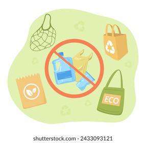 Plastic bottle, cup and bag in ban circle. Vector illustration. Eco-friendly bags and packages. Plastic-free concept