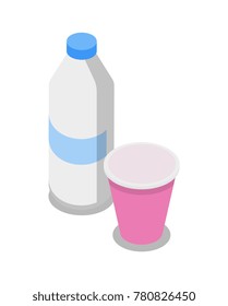 Plastic bottle and cup isometric 3D icon. Supermarket food shopping symbol, product packing isolated vector illustration.