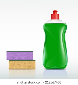 plastic bottle with detergent and sponge