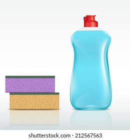 plastic bottle with detergent and sponge