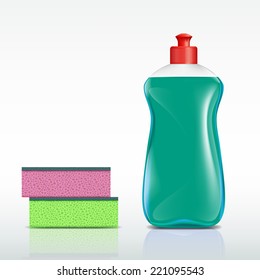 plastic bottle with detergent and sponge