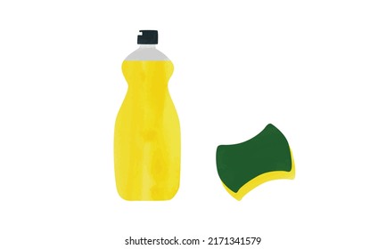 Plastic Bottle Of Detergent And Sponge Watercolor Style. Dish Soap Bottle Clipart. Bottle With Detergent Clipart Vector Illustration Isolated On White Background. Sponge Washing Pad Cartoon Drawing