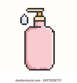 Plastic bottle dispenser with drop pixel art.Pump for liquid soap, gel,lotion,cream, shampoo,bath foam and other cosmetics.Vector illustration EPS 10.