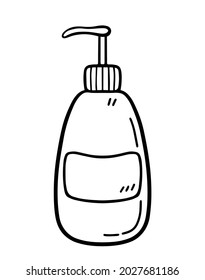 Frasco de plástico con dispensador aislado en fondo blanco. Tubo para jabón líquido, detergente, gel, loción. Ilustración de vectores dibujada a mano en forma de doodle.Adecuada para decoraciones, logotipo, varios diseños