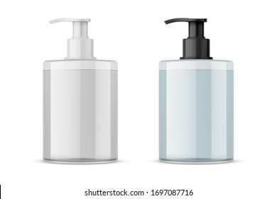 Plastic bottle with dispenser pump  for liquid soap , gel or foam. Blank product packaging mockup template design for advertising. Realistic vector illustration isolated on white background.