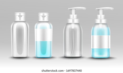 Plastic bottle with dispenser pump for liquid soap, antibactrial gel, sanitizer or cosmetic product. Vector realistic mockup of transparent package empty and full of antiseptic cleanser