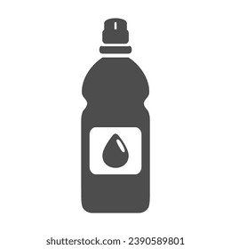 Plastic bottle with dispenser. Silhouette icon with a drop on a label. For cooking oil, vinegar or other liquid. Black and white pictogram. Great design for web site, mobile app, logo template. Waste