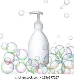 Plastic bottle with dispenser. Vector illustration. Soap container. Foam