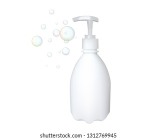 Plastic bottle with dispenser. Vector illustration. Soap container. Bubble