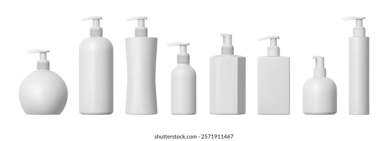 Plastic bottle dispensers with press pump and aerosol. Vector isolated realistic cosmetic products containers. Shampoo or lotion, shower gel or cream mockup package with copy space for ads