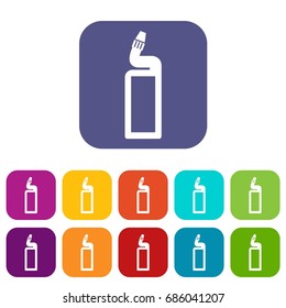 Plastic bottle of drain cleaner icons set vector illustration in flat style in colors red, blue, green, and other