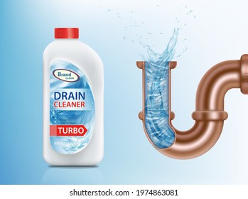 Plastic bottle with drain cleaner and sewer pipe. Packaging template. Vector illustration.