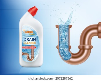 Plastic bottle with drain cleaner and sewer pipe with clean water inside. Package template. Vector illustration.