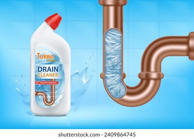 Plastic bottle with drain cleaner. Sewer pipe with clean water inside. Package template. Stock vector illustration.