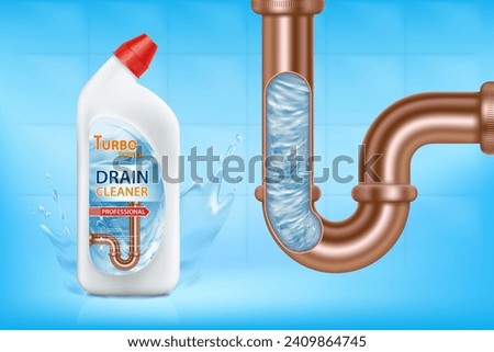 Plastic bottle with drain cleaner. Sewer pipe with clean water inside. Package template. Stock vector illustration.