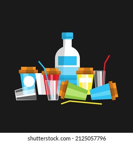 Plastic bottle with a drink, empty glasses, straws for cocktails. Plastic trash on a dark background. Vector illustration