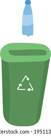 Botella de plástico para beber lanzada al reciclador de basureros para reciclar, gestionar residuos y reciclar plásticos. Ordenación de residuos y ayuda al medio ambiente