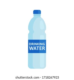 Plastic bottle with drinking water, blue cap and sticker. Symbol of healthy lifestyle. Vector illustration, flat design element, isolated on white background.