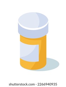 Plastic bottle with drugs. Yellow package with pills, health and prevention, disease treatment and medical care. Poster or banner for pharmacy website. Cartoon isometric vector illustration