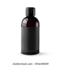 Plastic bottle with empty label 3d realistic vector illustration, isolated. Mockup container for liquid cosmetic product: soap, shampoo, gel, lotion, cleanser.