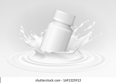 Una botella de plástico que cae en pintura blanca líquida causa un salpicón. El concepto de impulso creativo y energía. Vector.