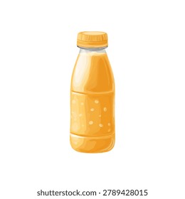 Plastic bottle filled with orange juice featuring bright citrus color