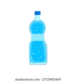 Plastikflasche gefüllt mit glänzendem klarem Wasser und einer blauen Kappe, mit einem schlichten hellblauen Etikettenabschnitt und kleinen Blasen, die Kohlensäure oder Frische repräsentieren