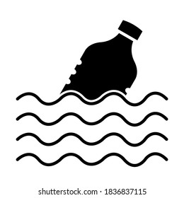 Plastic bottle floating on sea icon in trendy silhouette style design. Vector illustration isolated on white background.
