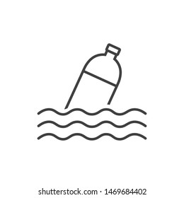 Plastic bottle floating on water line icon. 